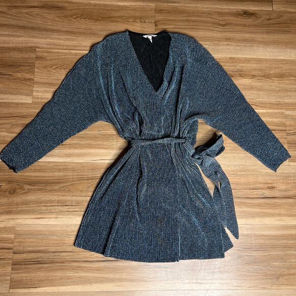 H&M Dress Blue Sparkly Faux Wrap Short Pleated Long Sleeve Tie Waist Size M - Picture 3 of 7